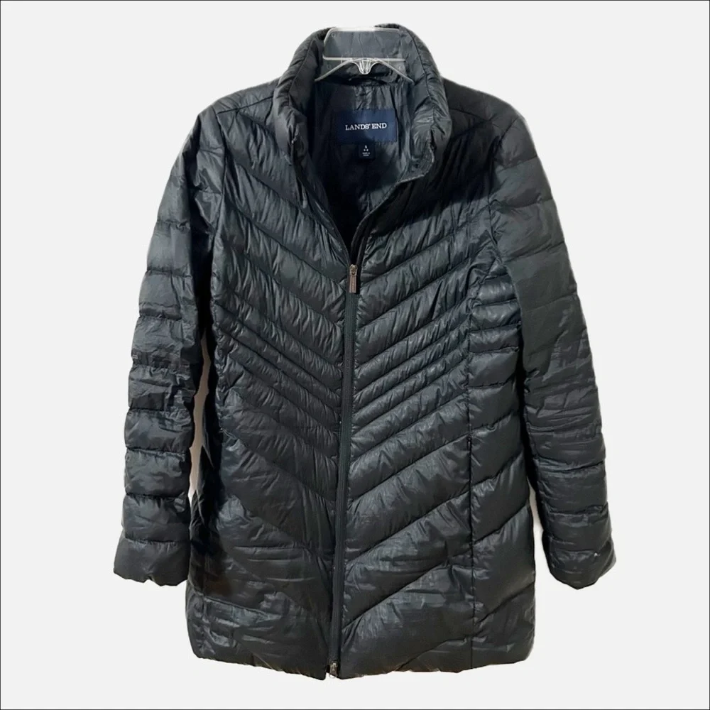 Lands’ End Longer Length Front Zip Down Puffer Coat Parka NO Hood Pockets Black
